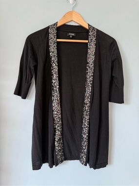 Express Black Sequin Trim Open Front Cardigan Size Small 100% Cotton
